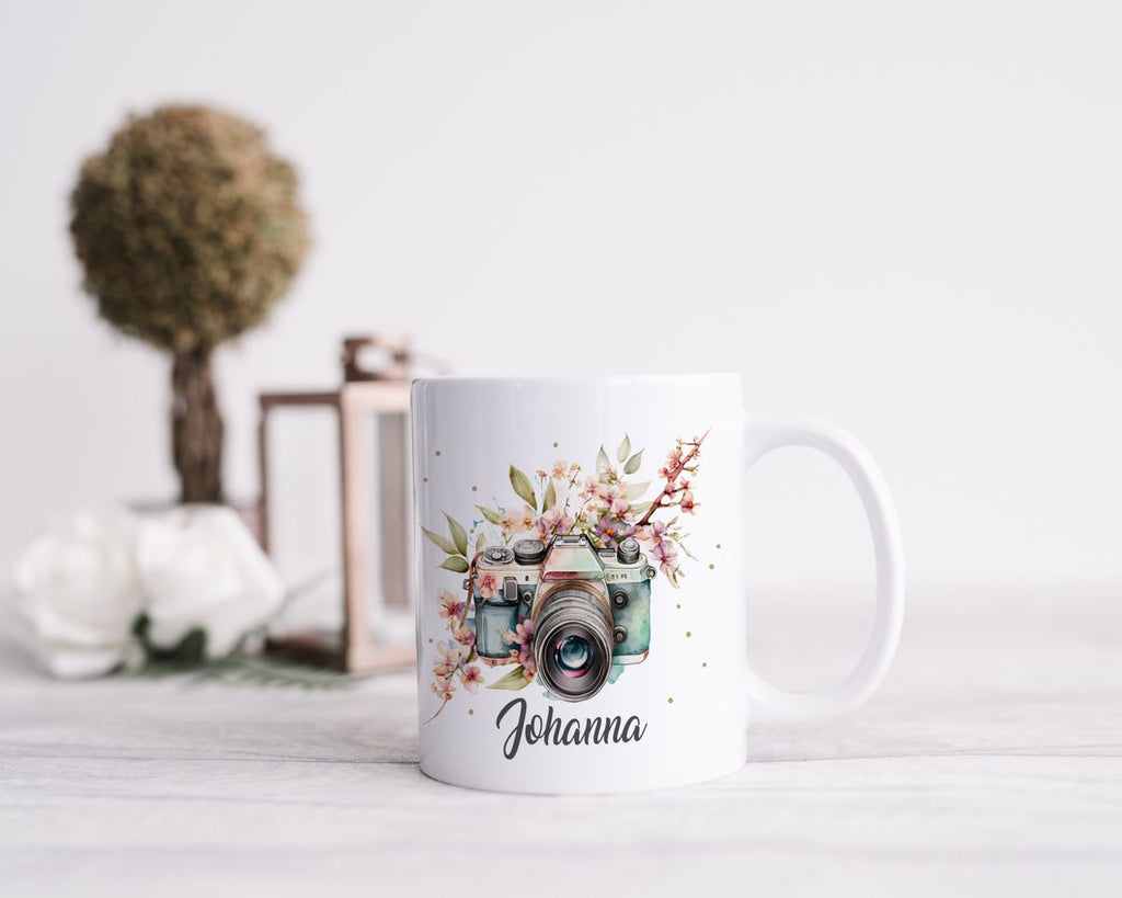 Keramik Tasse Kamera mit Blumen mit Wunschname - von Mikalino