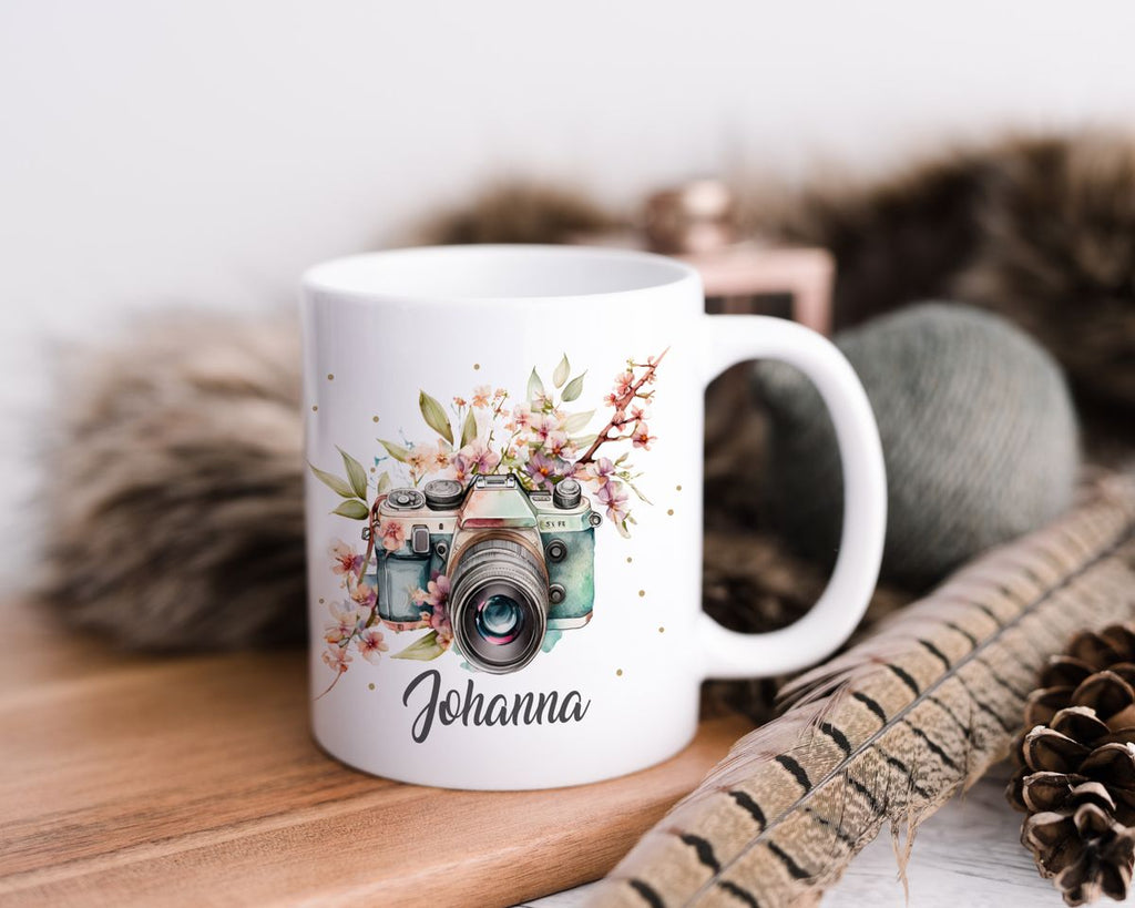 Keramik Tasse Kamera mit Blumen mit Wunschname - von Mikalino