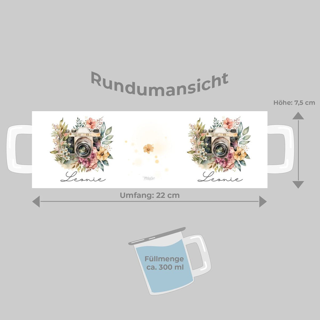 Emaille Tasse Kamera mit Blumen mit Wunschname - von Mikalino