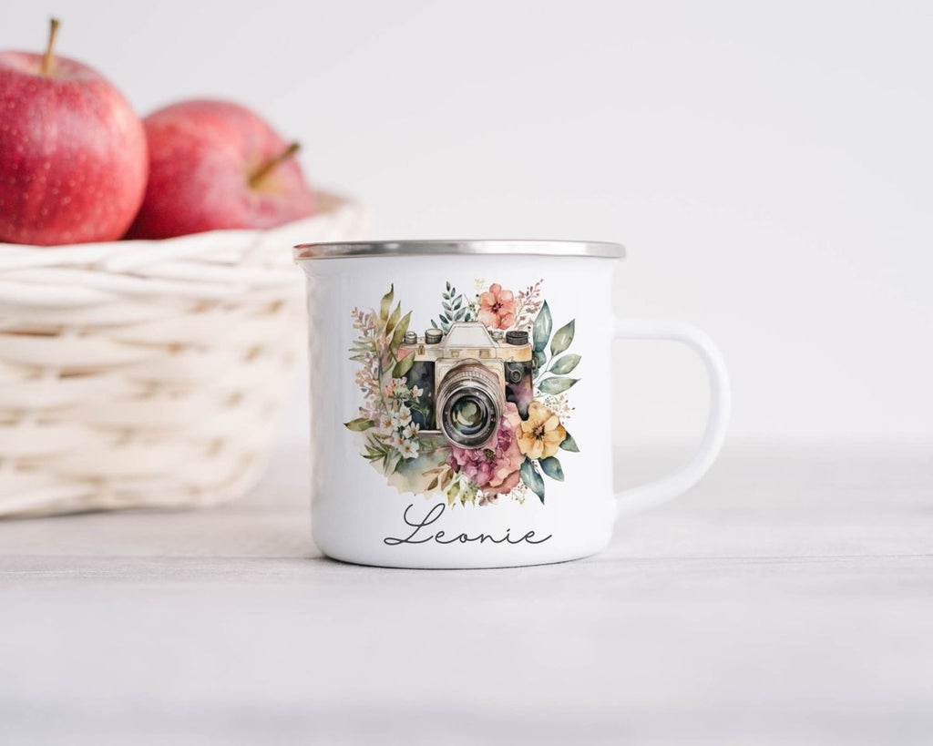 Emaille Tasse Kamera mit Blumen mit Wunschname - von Mikalino