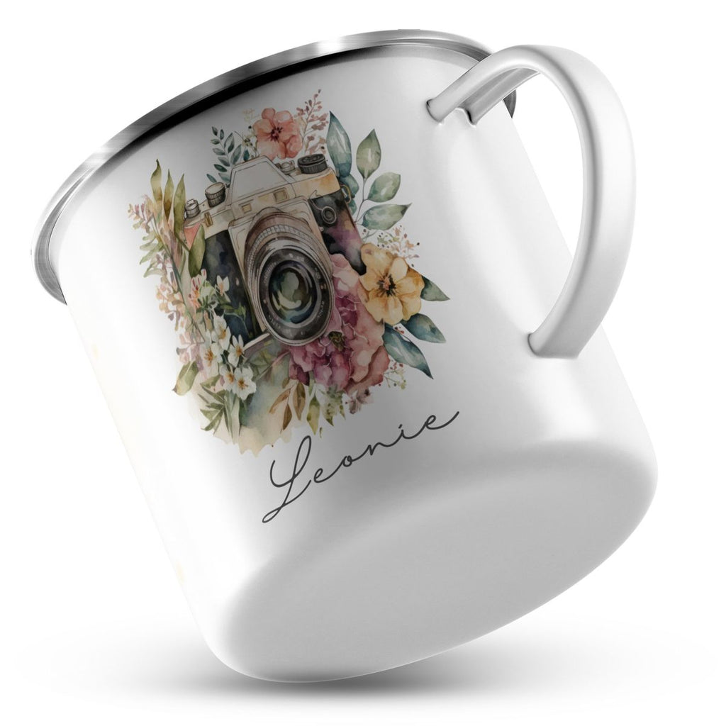 Emaille Tasse Kamera mit Blumen mit Wunschname - von Mikalino