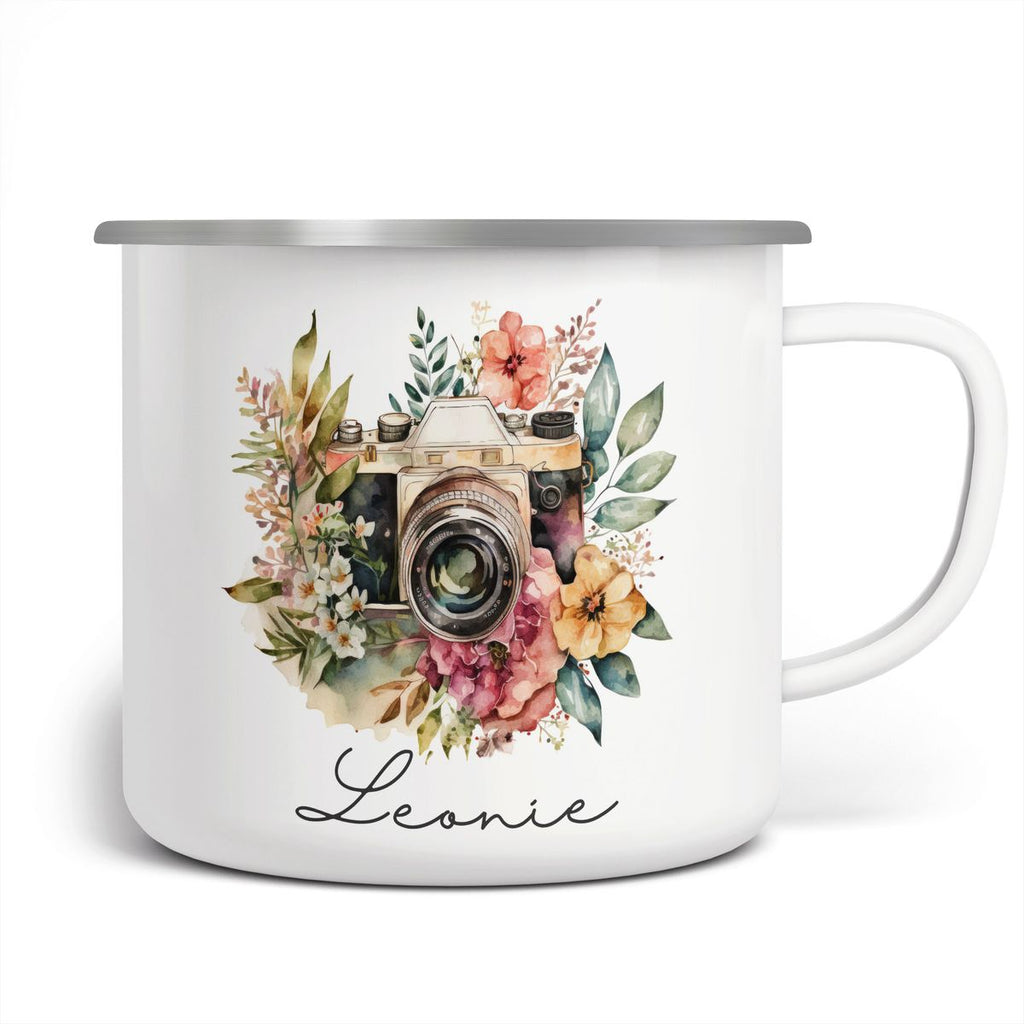 Emaille Tasse Kamera mit Blumen mit Wunschname - von Mikalino