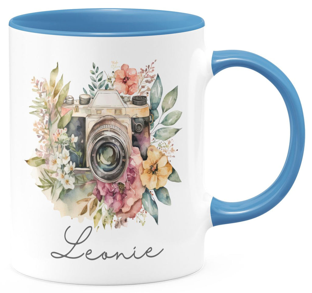 Keramik Tasse Kamera mit Blumen mit Wunschname - von Mikalino