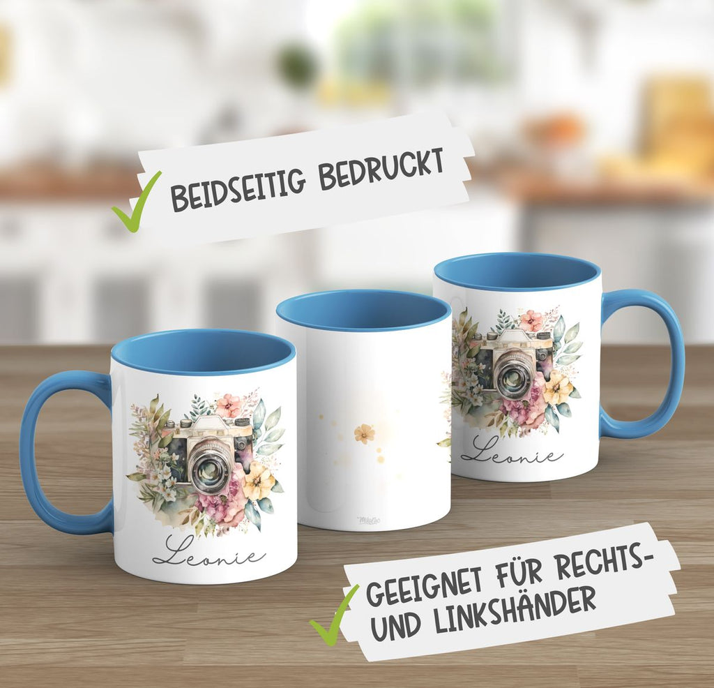 Keramik Tasse Kamera mit Blumen mit Wunschname - von Mikalino