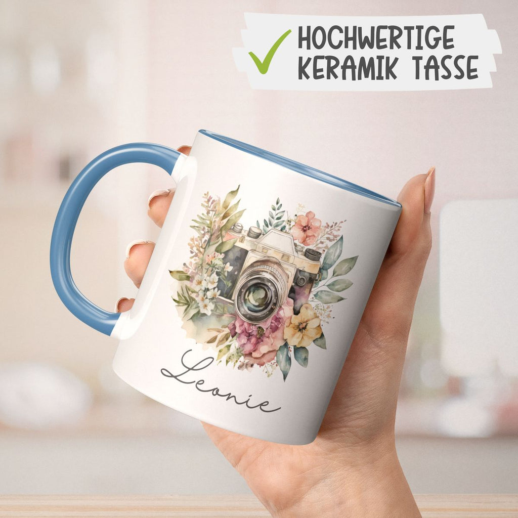 Keramik Tasse Kamera mit Blumen mit Wunschname - von Mikalino