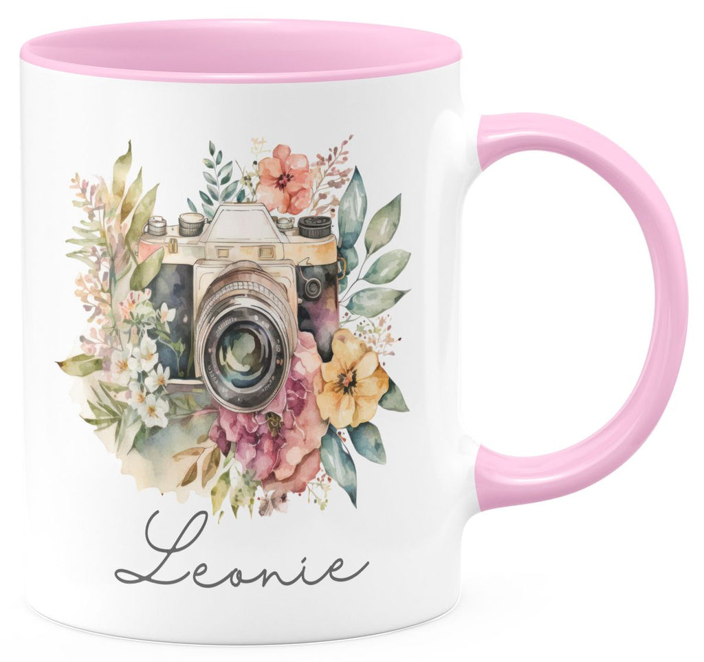 Keramik Tasse Kamera mit Blumen mit Wunschname - von Mikalino