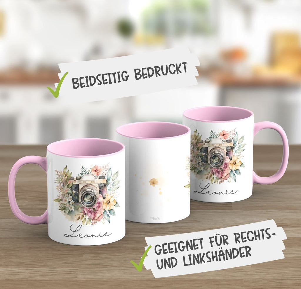 Keramik Tasse Kamera mit Blumen mit Wunschname - von Mikalino