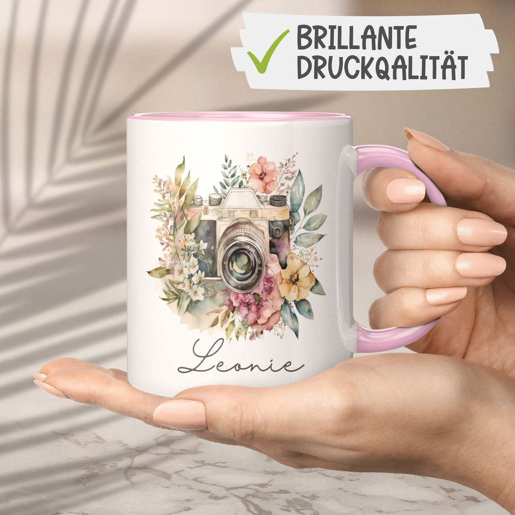 Keramik Tasse Kamera mit Blumen mit Wunschname - von Mikalino