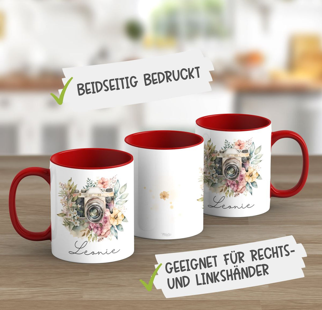 Keramik Tasse Kamera mit Blumen mit Wunschname - von Mikalino