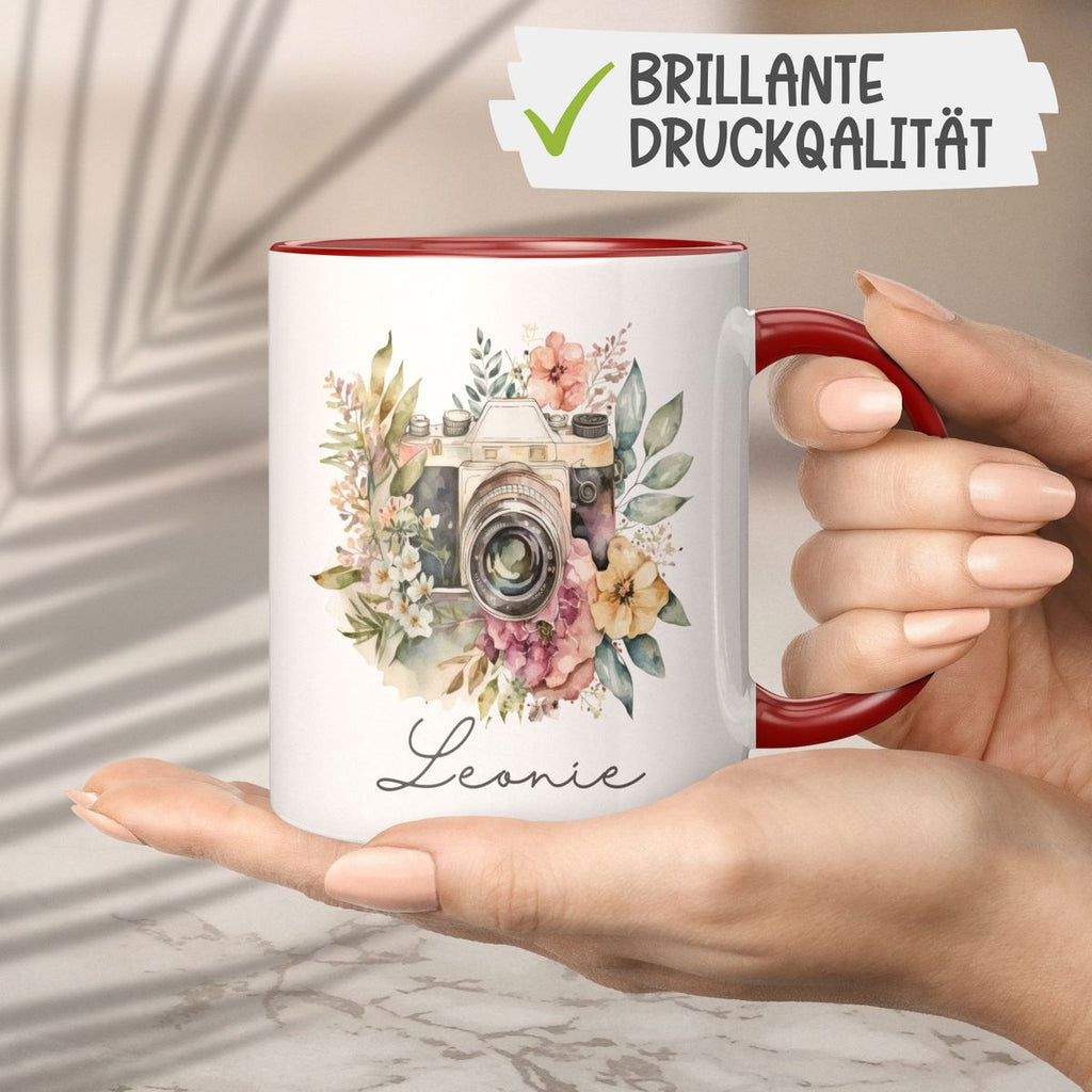 Keramik Tasse Kamera mit Blumen mit Wunschname - von Mikalino