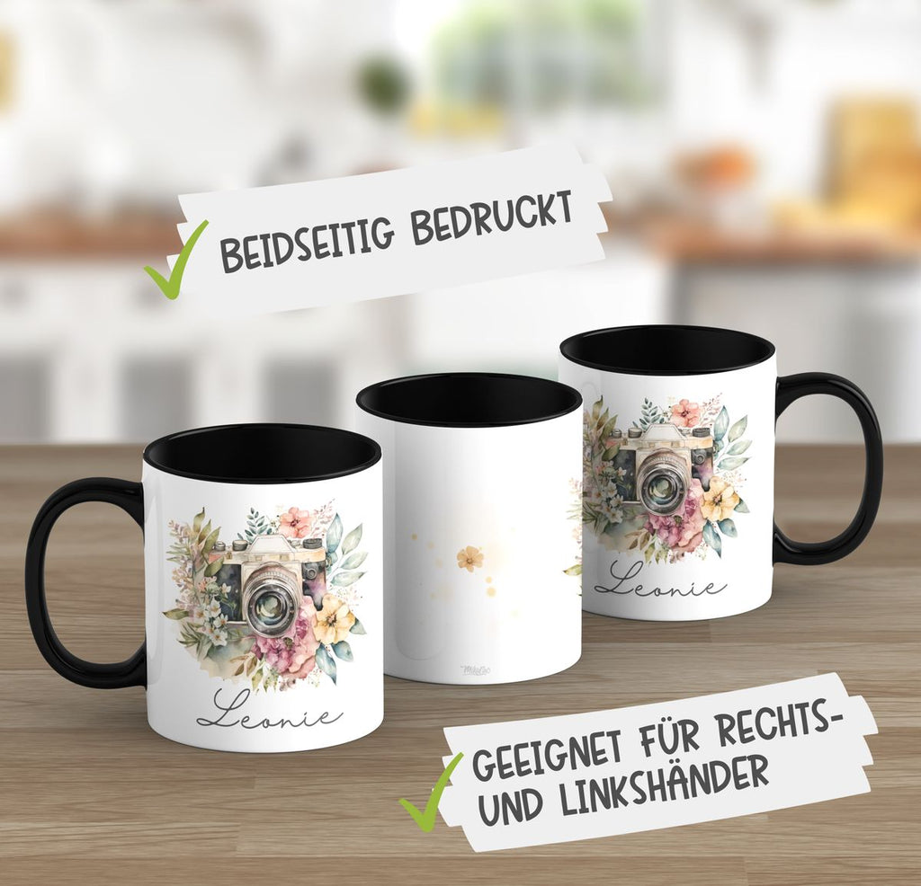 Keramik Tasse Kamera mit Blumen mit Wunschname - von Mikalino