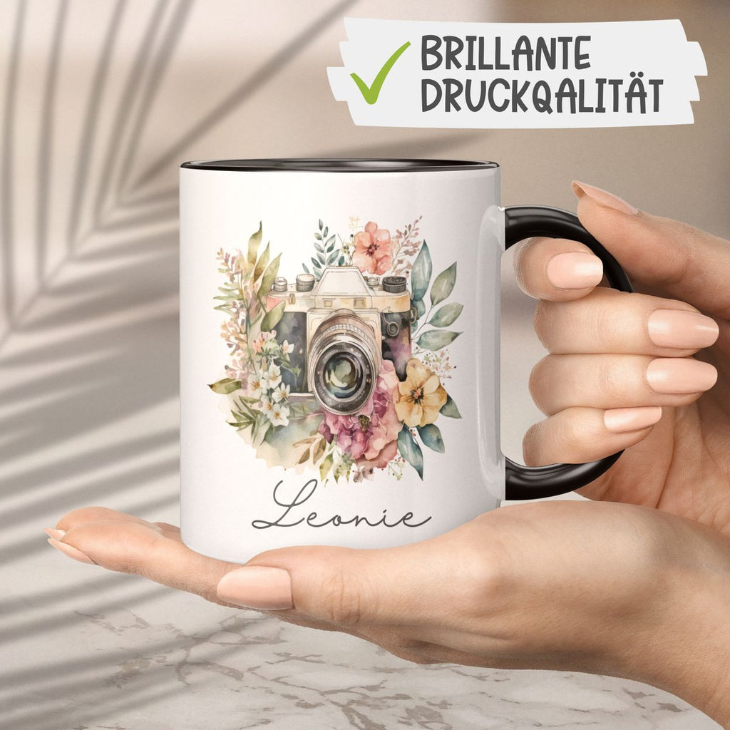 Keramik Tasse Kamera mit Blumen mit Wunschname - von Mikalino