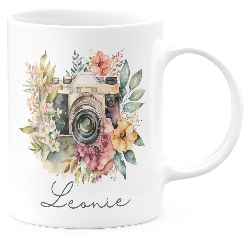 Keramik Tasse Kamera mit Blumen mit Wunschname - von Mikalino