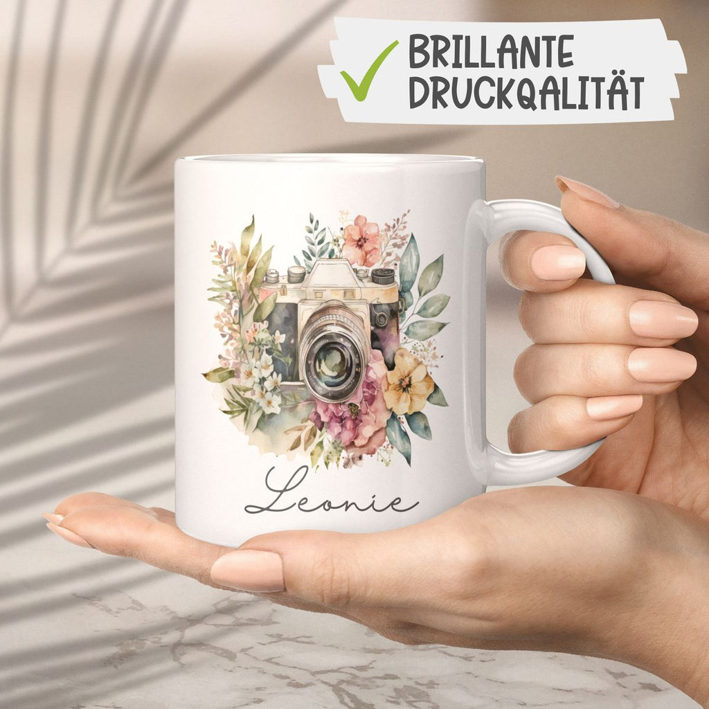 Keramik Tasse Kamera mit Blumen mit Wunschname - von Mikalino