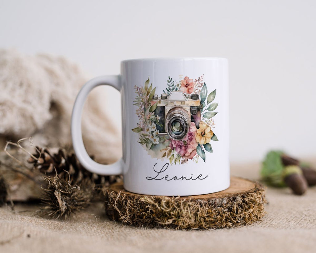 Keramik Tasse Kamera mit Blumen mit Wunschname - von Mikalino