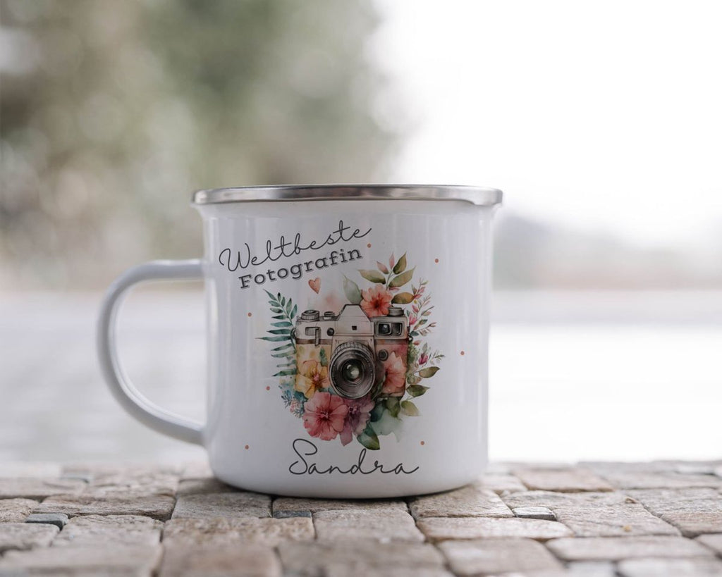 Emaille Tasse Weltbeste Fotografin Kamera mit Wunschname - von Mikalino