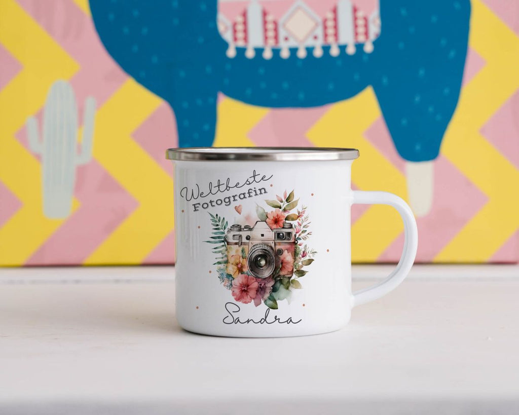 Emaille Tasse Weltbeste Fotografin Kamera mit Wunschname - von Mikalino