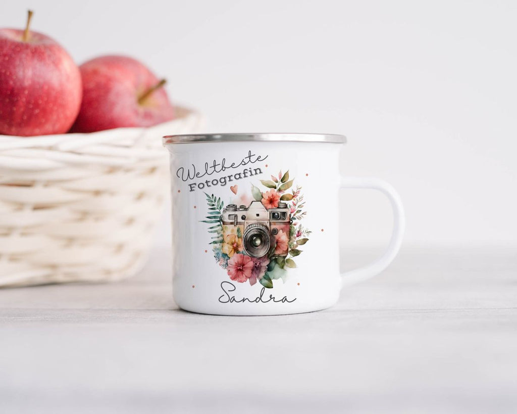 Emaille Tasse Weltbeste Fotografin Kamera mit Wunschname - von Mikalino