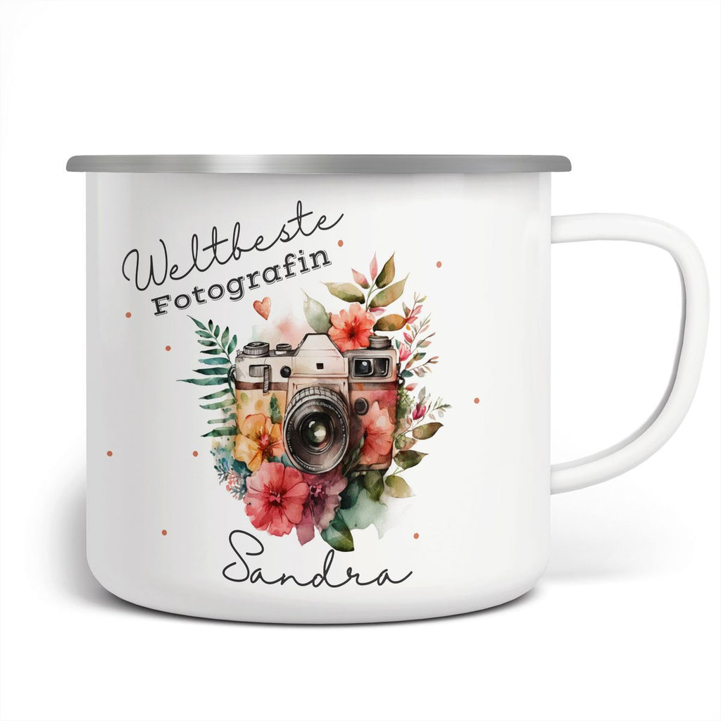 Emaille Tasse Weltbeste Fotografin Kamera mit Wunschname - von Mikalino