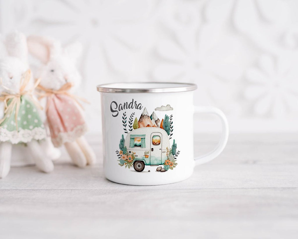 Emaille Tasse Camping Motiv Wohnwagen mit Wunschname - von Mikalino