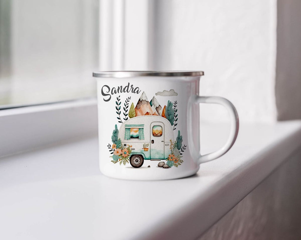 Emaille Tasse Camping Motiv Wohnwagen mit Wunschname - von Mikalino