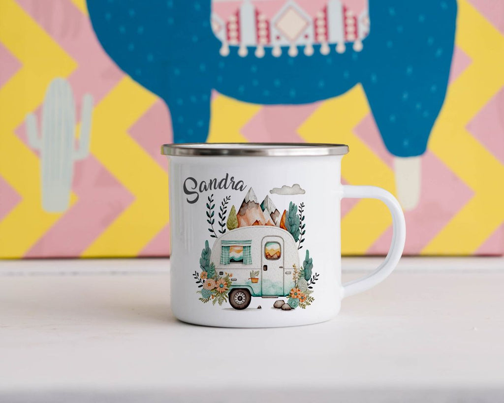 Emaille Tasse Camping Motiv Wohnwagen mit Wunschname - von Mikalino