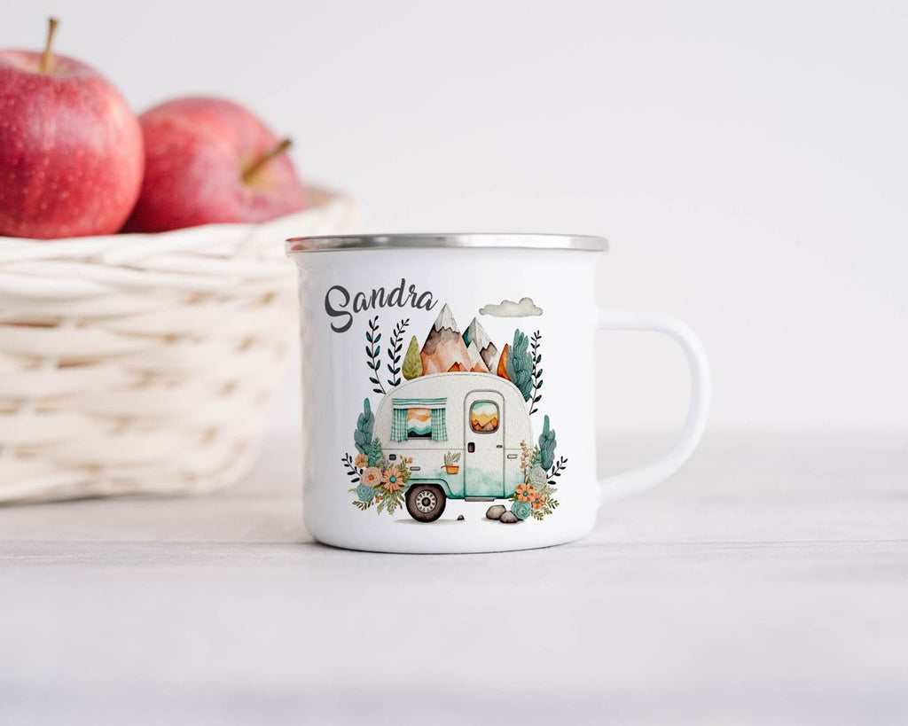 Emaille Tasse Camping Motiv Wohnwagen mit Wunschname - von Mikalino