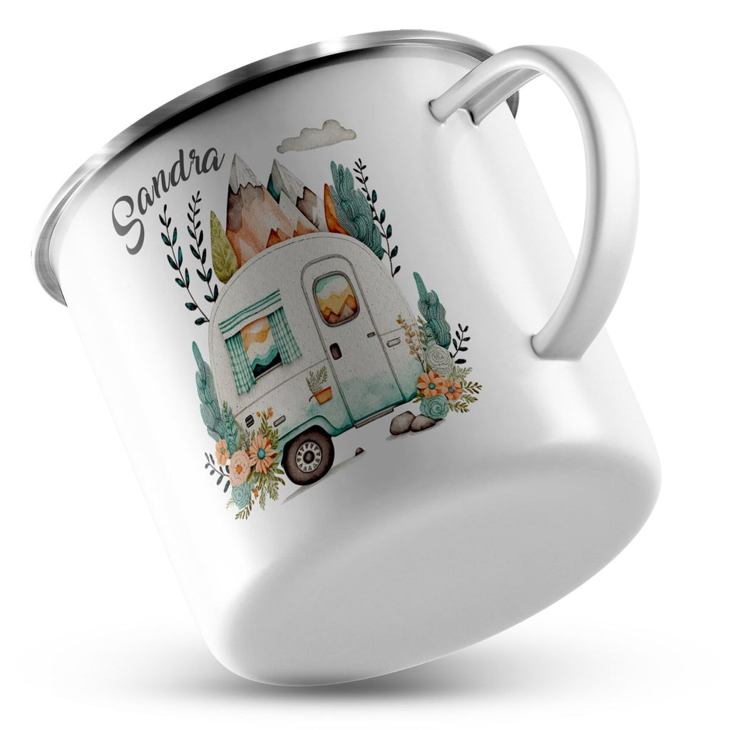 Emaille Tasse Camping Motiv Wohnwagen mit Wunschname - von Mikalino