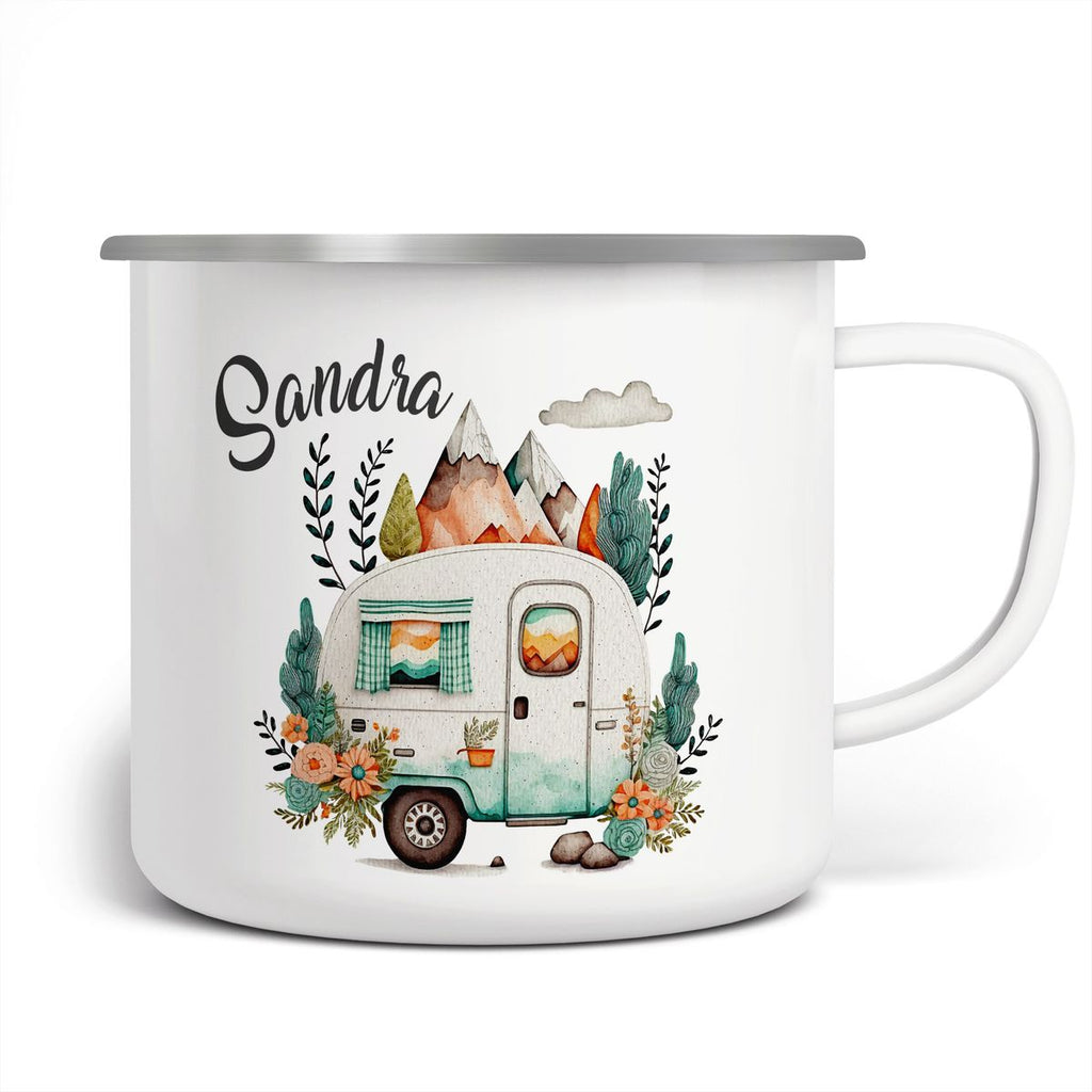 Emaille Tasse Camping Motiv Wohnwagen mit Wunschname - von Mikalino