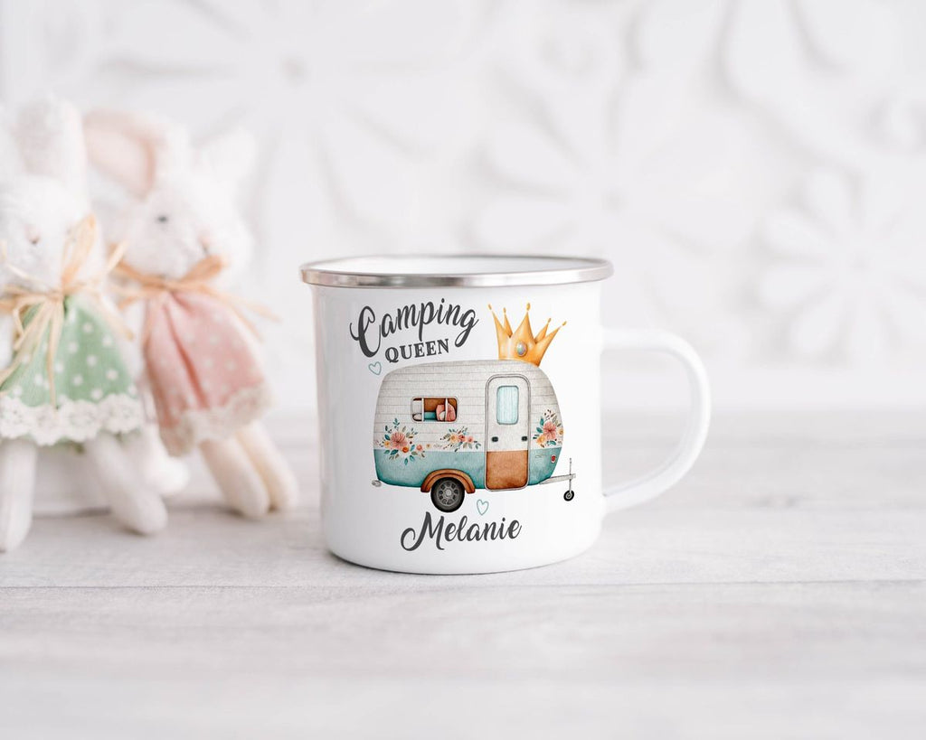 Emaille Tasse Camping Queen Wohnwagen mit Wunschname - von Mikalino