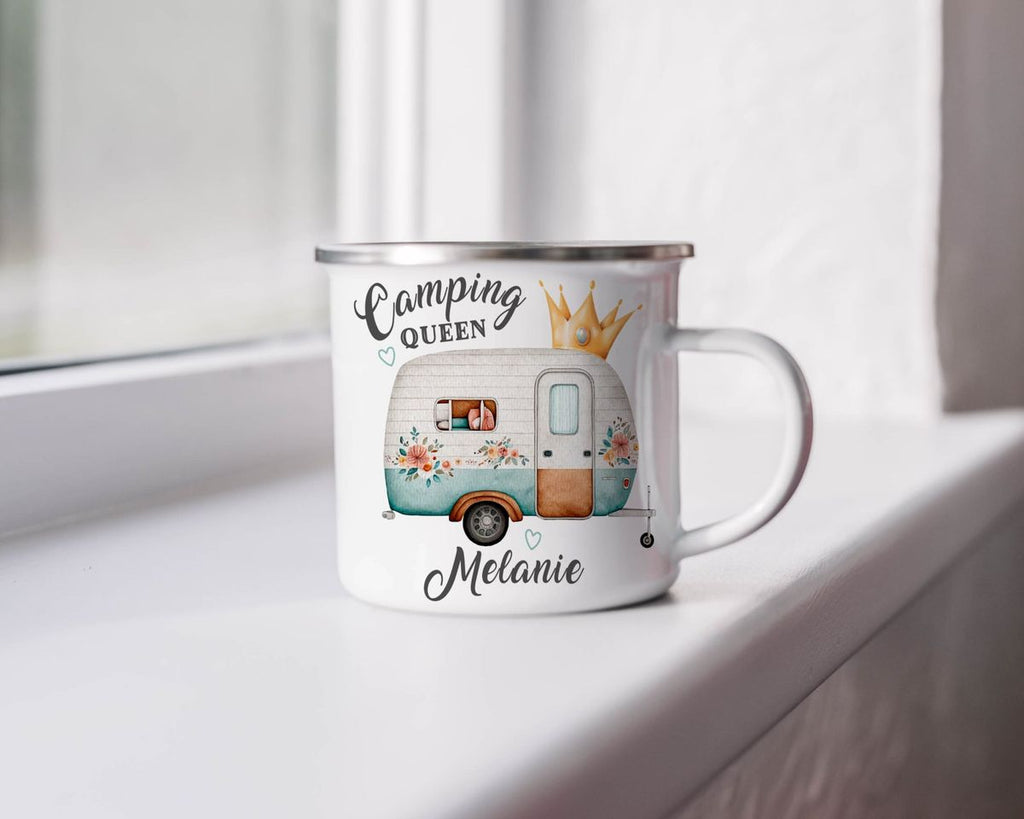 Emaille Tasse Camping Queen Wohnwagen mit Wunschname - von Mikalino