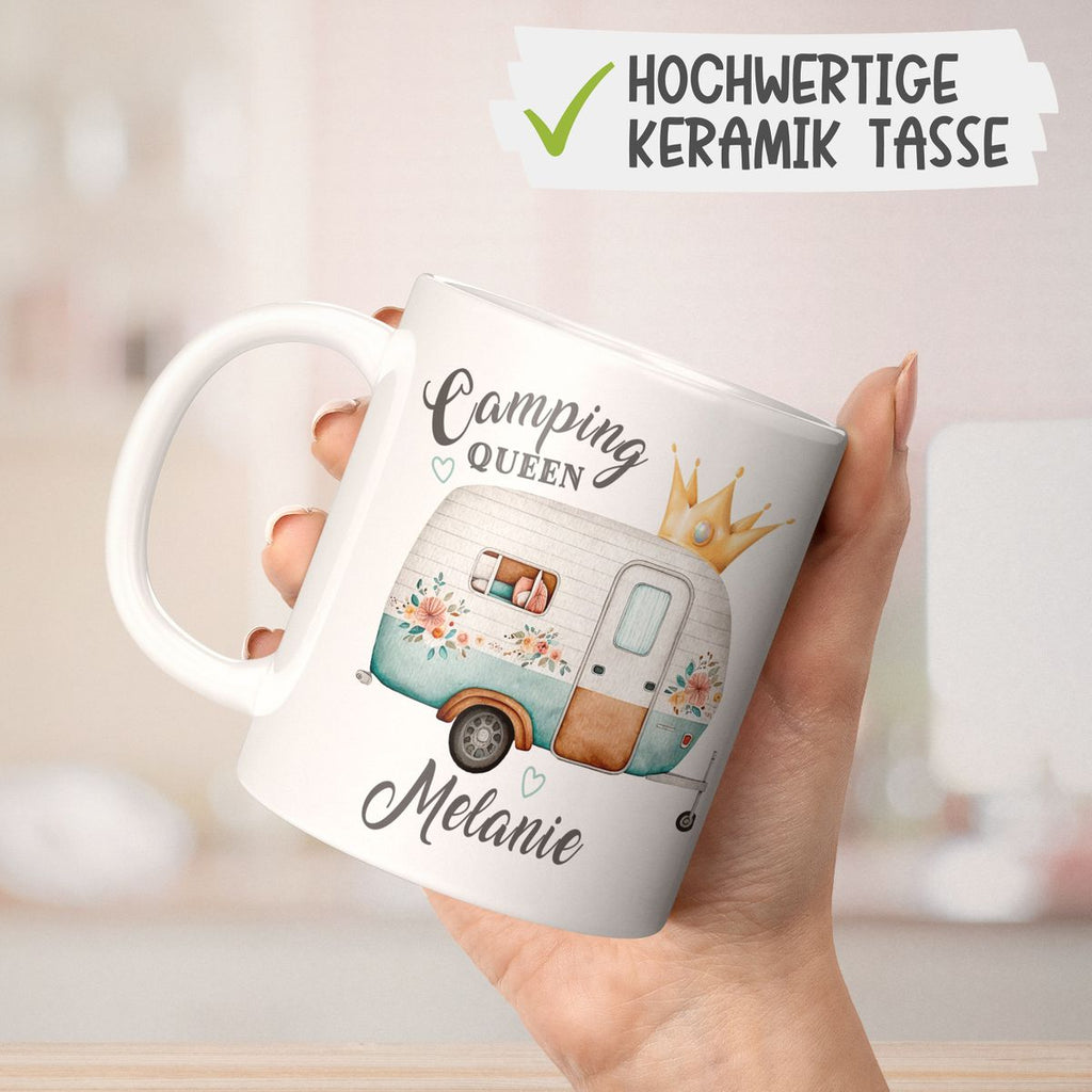 Keramik Tasse Camping Queen Wohnwagen mit Wunschname - von Mikalino