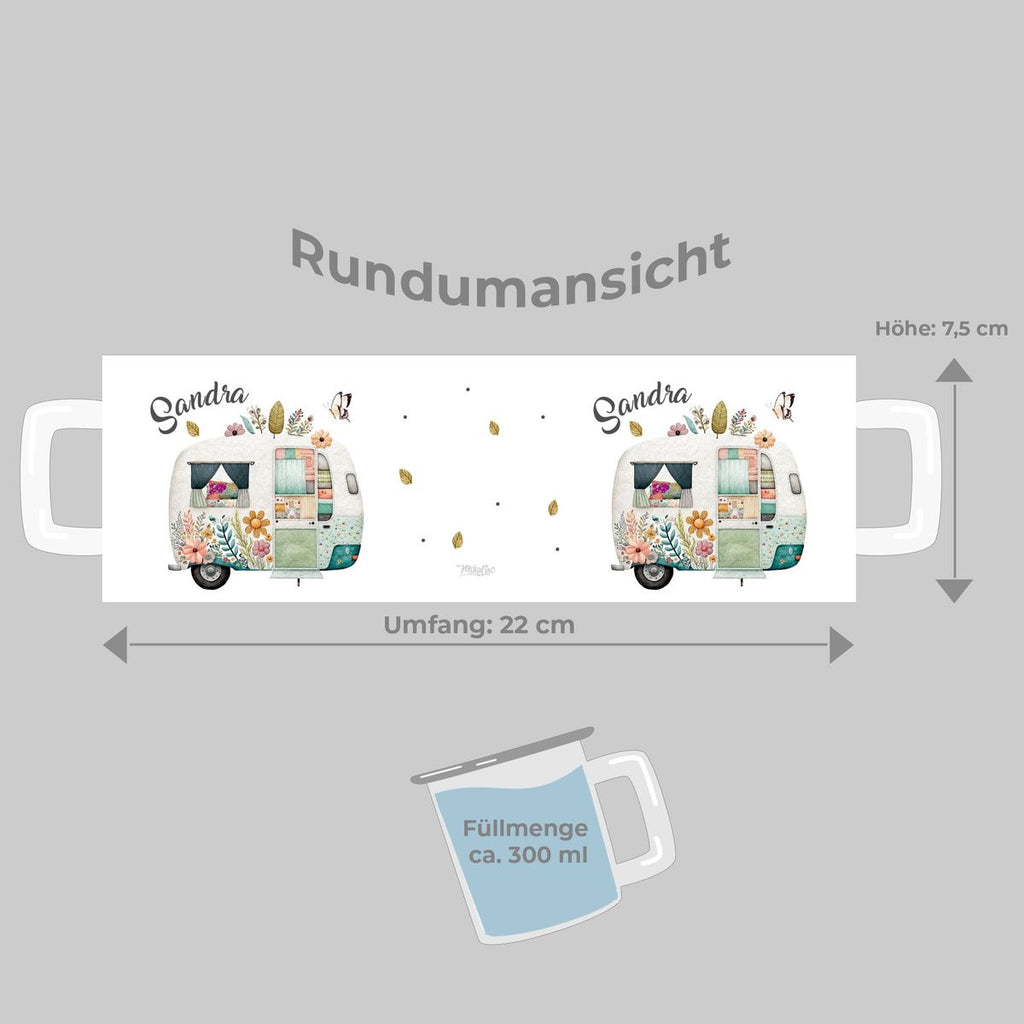 Emaille Tasse Camping Motiv Wohnwagen mit Wunschname - von Mikalino