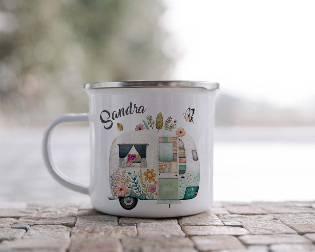 Emaille Tasse Camping Motiv Wohnwagen mit Wunschname - von Mikalino