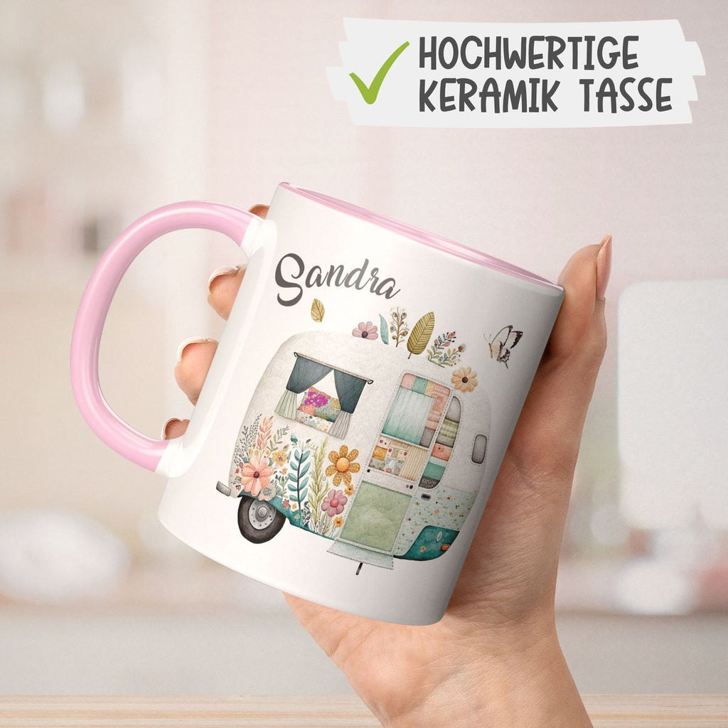 Keramik Tasse Camping Motiv Wohnwagen mit Wunschname - von Mikalino