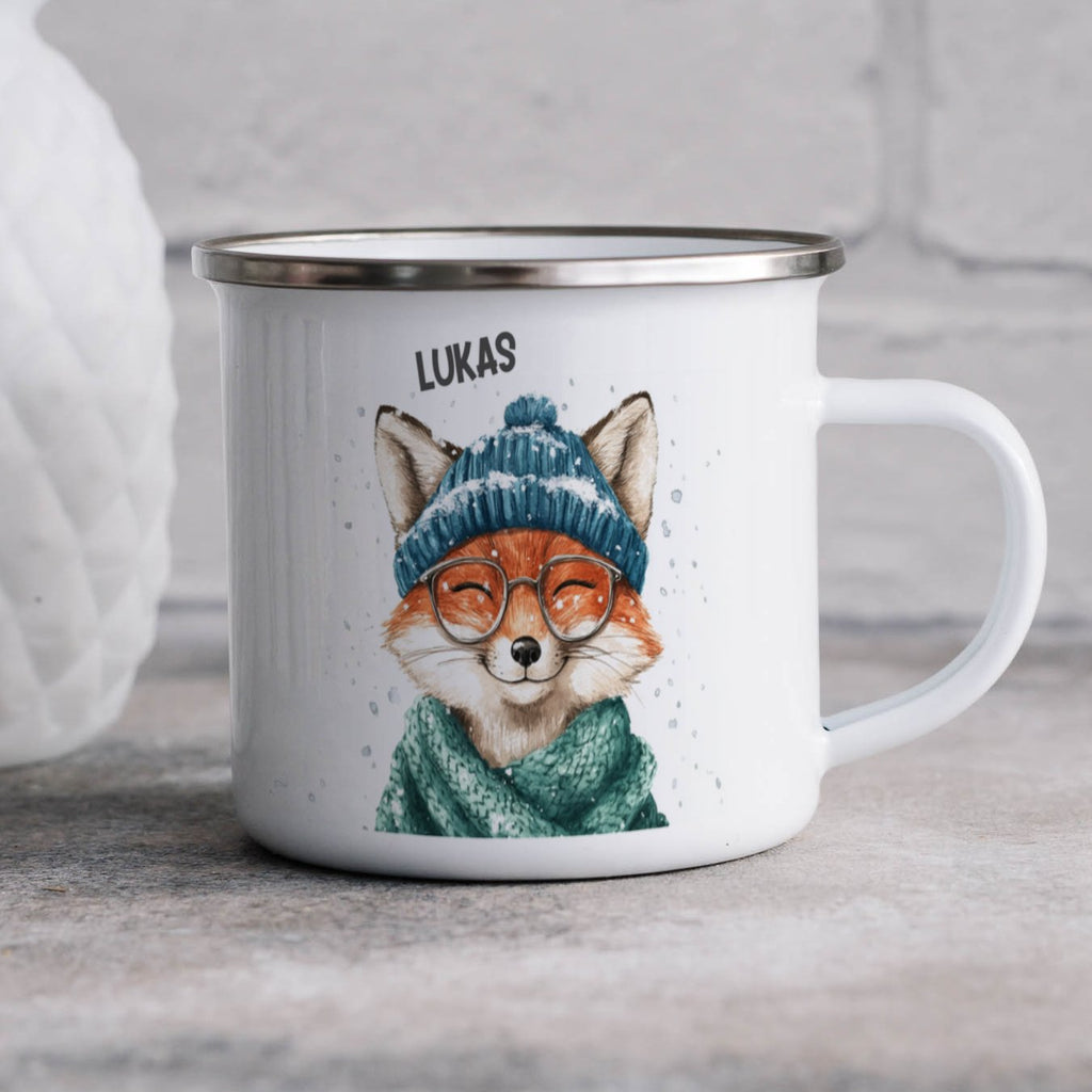 Emaille Tasse Süßer Fuchs mit Brille und Mütze Motiv mit Name personalisiert & Motiv | Geschenkidee (7489) - von Mikalino