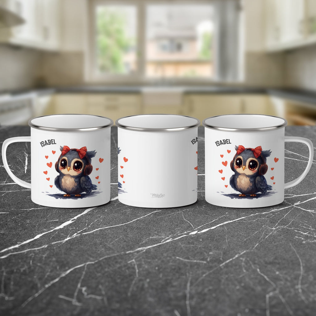 Emaille Tasse Süße Eule mit roten Herzen Kaffeetassen mit Name personalisiert & Motiv | Geschenkidee (7476) - von Mikalino