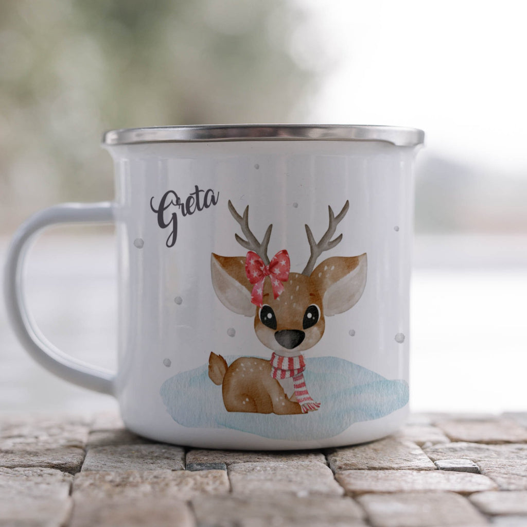 Emaille Tasse Niedliches Rentier mit Schleife und Schal Design Weihnachten mit Name personalisiert & Motiv | Geschenkidee (7473) - von Mikalino