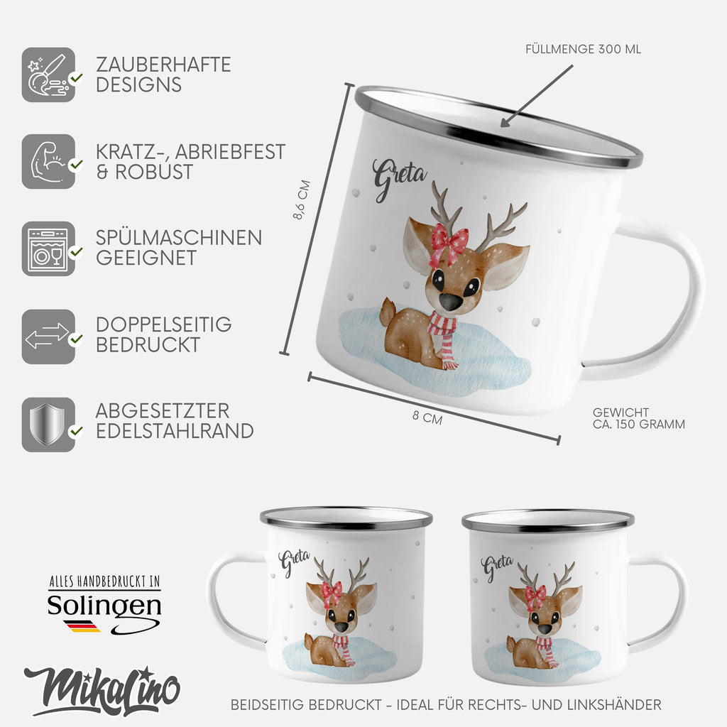 Emaille Tasse Niedliches Rentier mit Schleife und Schal Design Weihnachten mit Name personalisiert & Motiv | Geschenkidee (7473) - von Mikalino