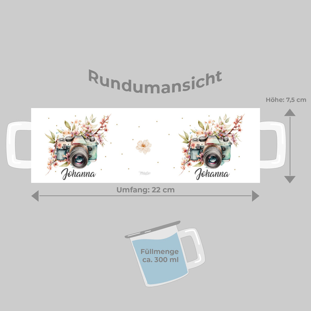 Personalisierte Emaille Tasse Kamera Design mit Blumen, Personalisiert mit Name Tasse, Geschenk für Fotografen, Blütendekor Becher - von Mikalino