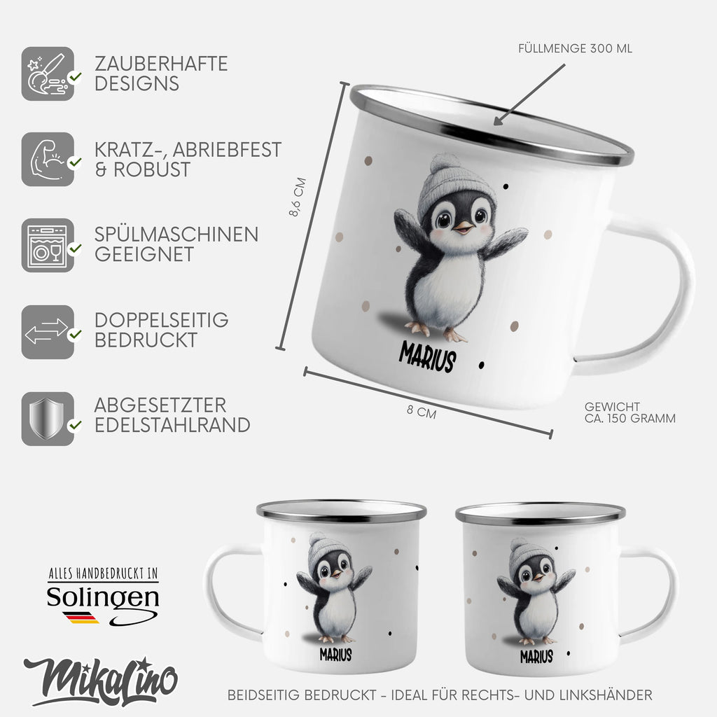 Emaille Tasse Niedliches Pinguin-Design Marius Wintermütze mit Name personalisiert & Motiv | Geschenkidee (7482) - von Mikalino