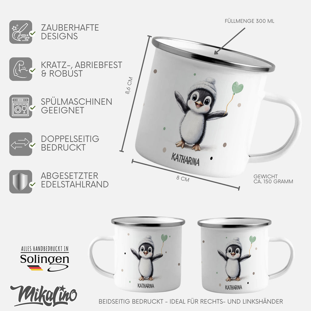 Emaille Tasse Pinguin mit Herzballon Katharina mit Name personalisiert & Motiv | Geschenkidee (7480) - von Mikalino