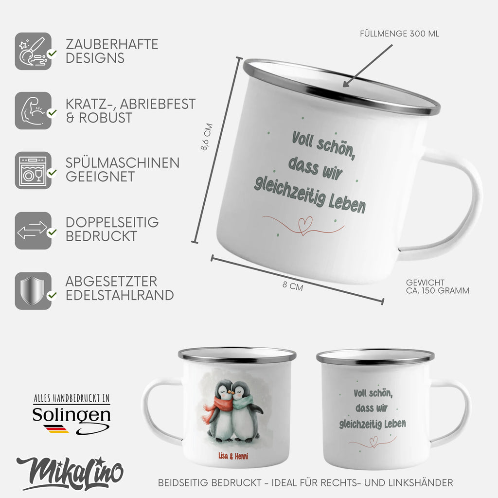 Emaille Tasse Pinguin Pärchen mit Namen Lisa und Henri Design mit Name personalisiert & Motiv | Geschenkidee (7487) - von Mikalino