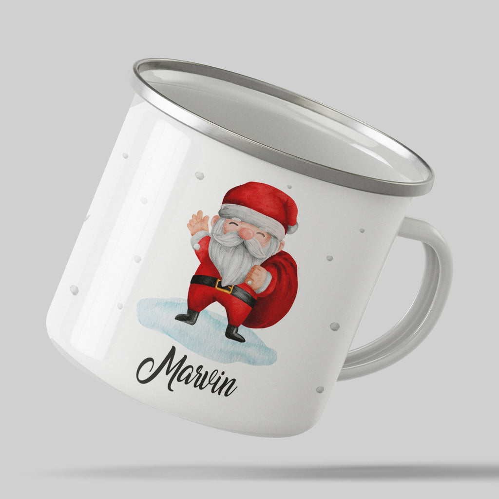 Emaille Tasse Lustiger Weihnachtsmann Design Weihnachten mit Name personalisiert & Motiv | Geschenkidee (7469) - von Mikalino