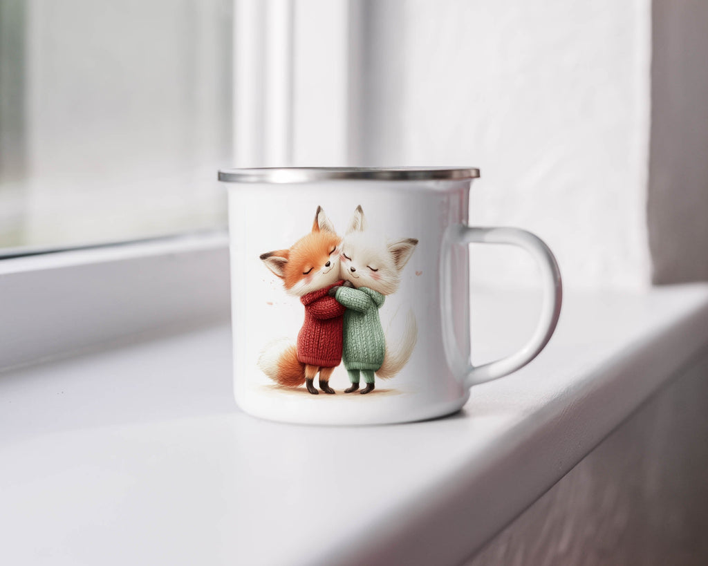 Emaille Tasse Niedliche Umarmung der Füchse Illustration mit Name personalisiert & Motiv | Geschenkidee (7486) - von Mikalino