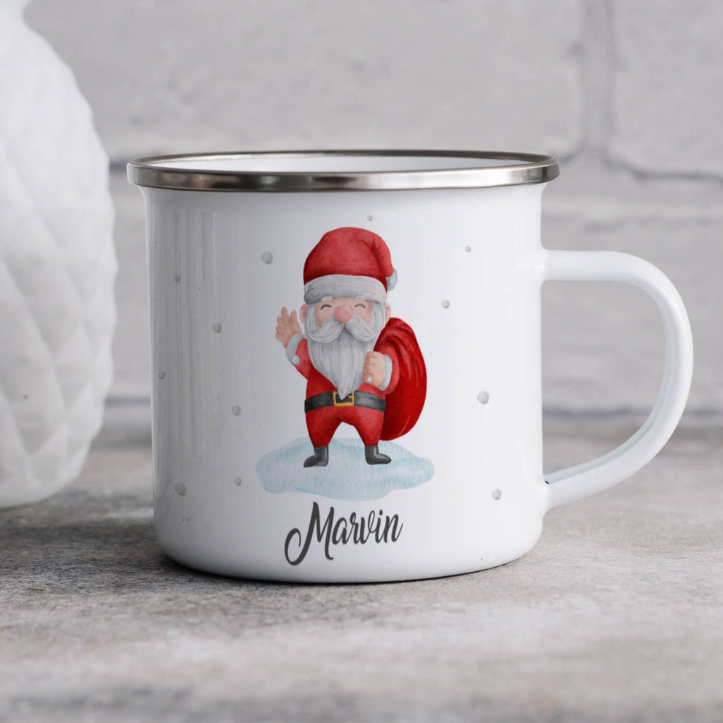 Emaille Tasse Lustiger Weihnachtsmann Design Weihnachten mit Name personalisiert & Motiv | Geschenkidee (7469) - von Mikalino