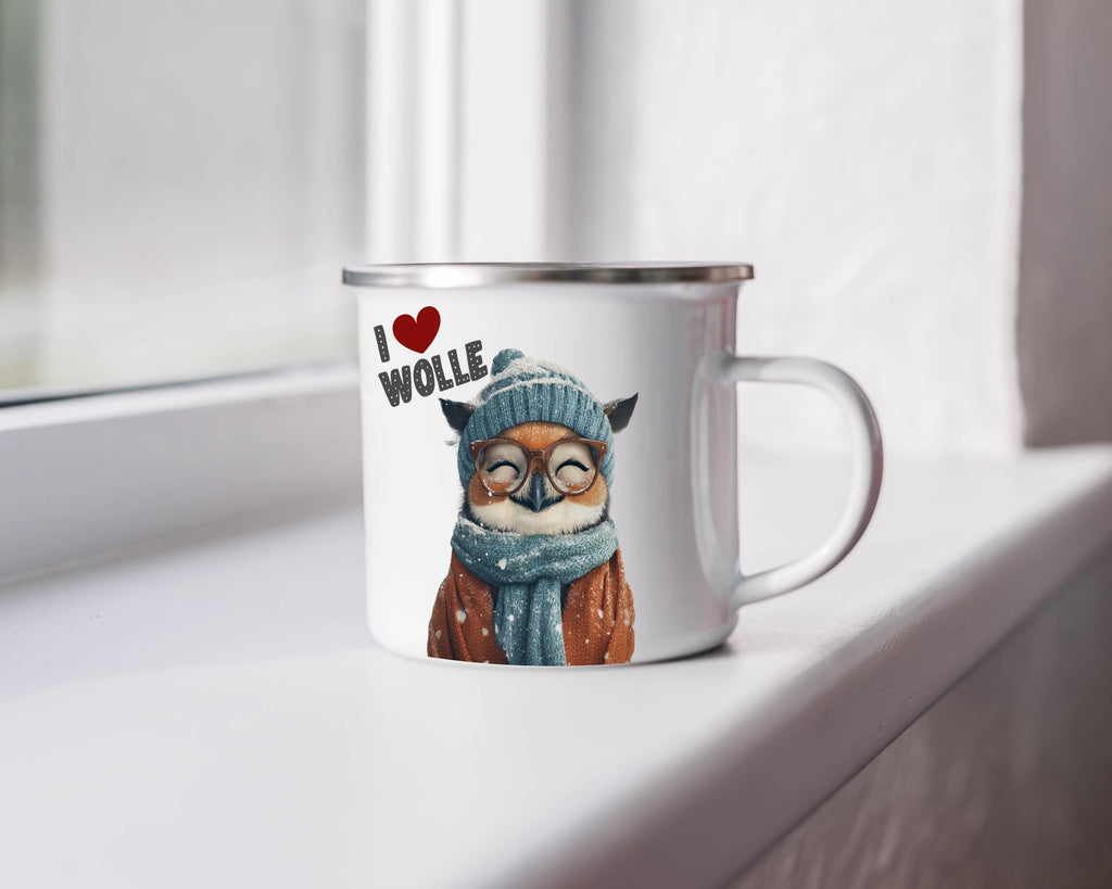 Emaille Tasse Süße Eule mit Brille und Schal I love Wolle mit Name personalisiert & Motiv | Geschenkidee (7474) - von Mikalino