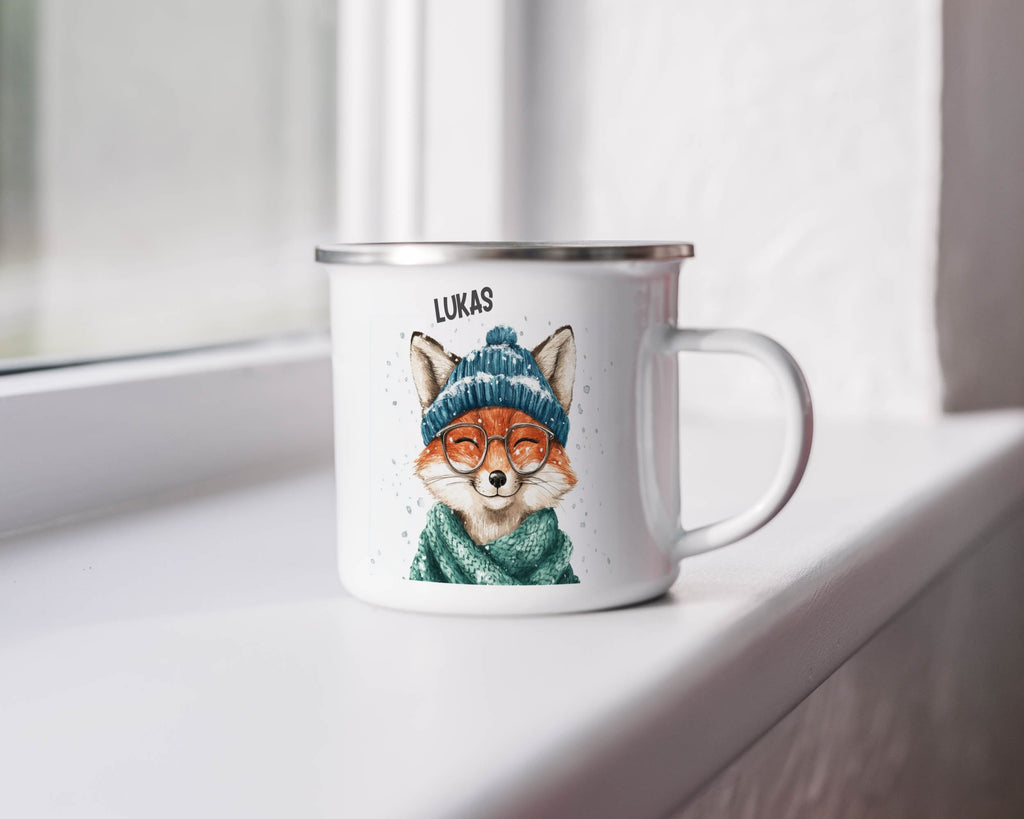 Emaille Tasse Süßer Fuchs mit Brille und Mütze Motiv mit Name personalisiert & Motiv | Geschenkidee (7489) - von Mikalino