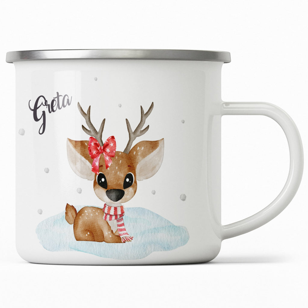 Emaille Tasse Niedliches Rentier mit Schleife und Schal Design Weihnachten mit Name personalisiert & Motiv | Geschenkidee (7473) - von Mikalino