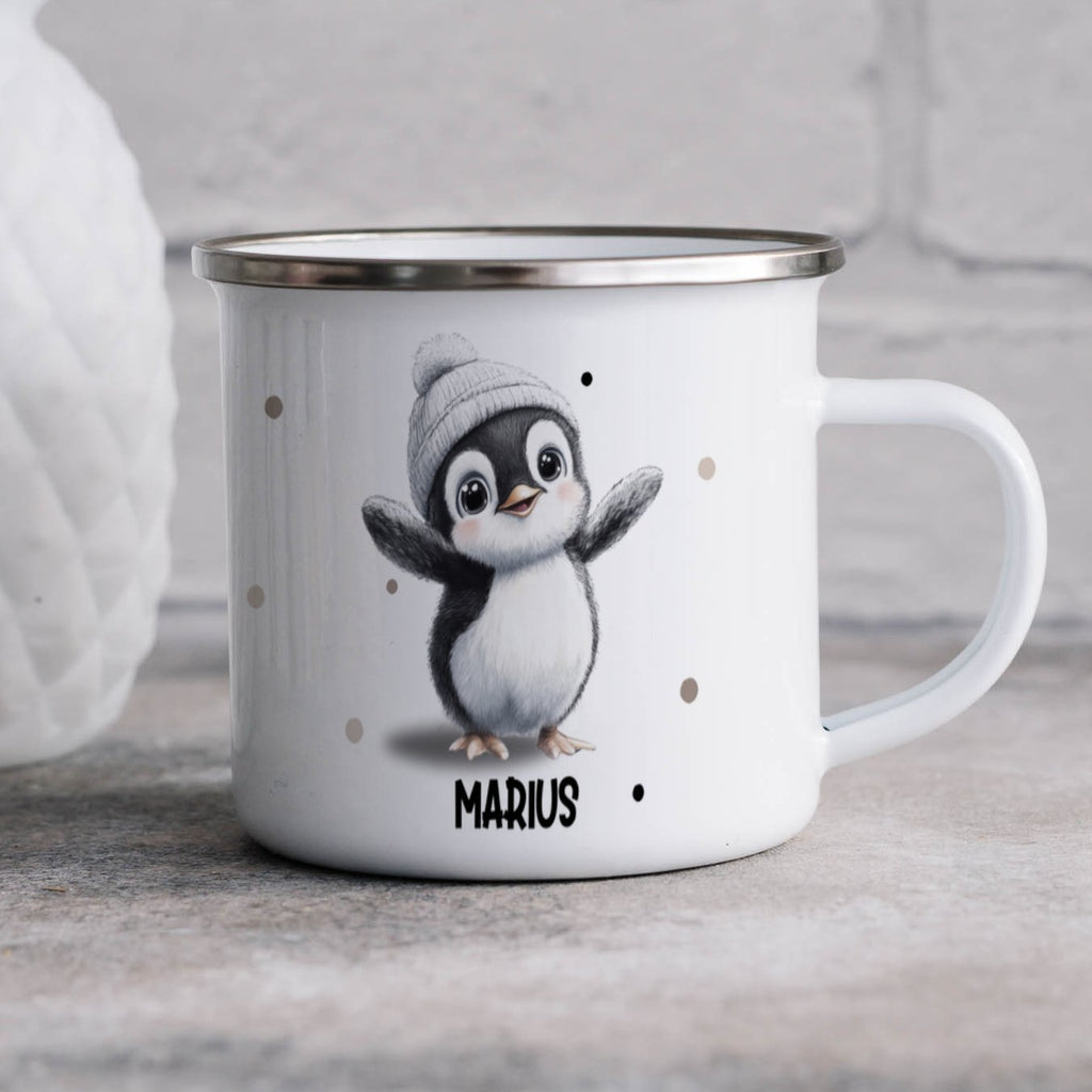 Emaille Tasse Niedliches Pinguin-Design Marius Wintermütze mit Name personalisiert & Motiv | Geschenkidee (7482) - von Mikalino